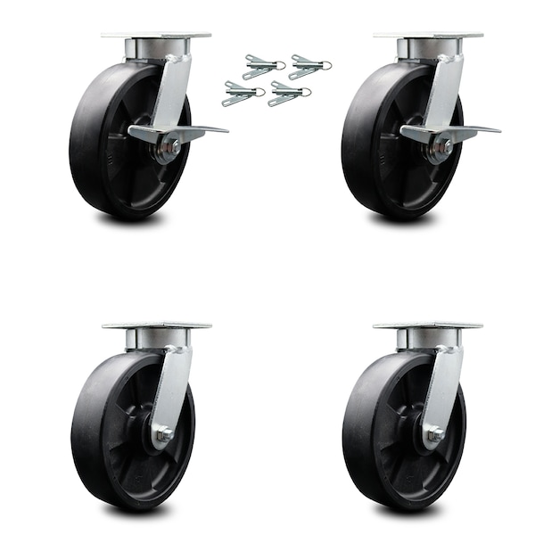 Service Caster 8 Inch Kingpinless Glass Filled Nylon Wheel Caster Swivel Locks 2 Brakes, 4PK SCC-KP30S820-GFNR-SLB-BSL-2-BSL-2 - main